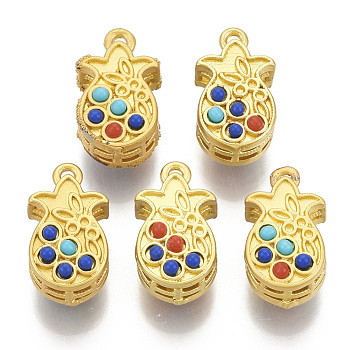 Brass Charms, with Resin Beads, Pineapple, Matte Style, Matte Gold Color, Colorful, 14.5x8x8mm, Hole: 1mm