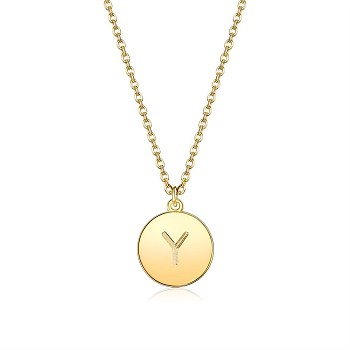 Brass Initial Pendant Necklace, with Cable Chains, Flat Round, Letter Y, Golden, 16.14 inch(41cm), 2mm