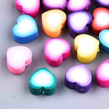 Handmade Polymer Clay Beads, Heart, Mixed Color, 9.5x10x5mm, Hole: 2mm