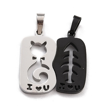 Titanium Steel Couple Pendants, Split Pendants, for Valentine's Day, Polygon with Cat & Fishbone & Word I Love You, Electrophoresis Black & Stainless Steel Color, 29.5x28.5x2.5mm, Hole: 6.5~7X4mm