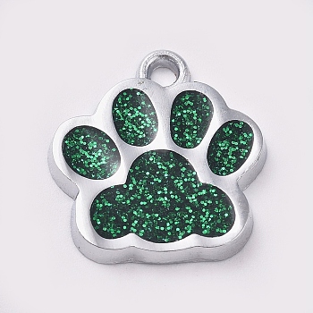 Alloy Enamel Charms, with Glitter Powder, Dog Paw Prints, Platinum, Dark Green, 17.7x16.6x2mm, Hole: 2mm