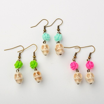 Dyed Synthetic Magnesite Skull Earrings, with Resin Rose Flower and Iron Earring Hooks, Antique Bronze, Mixed Color, 47mm, Pin: 0.7mm
