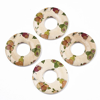 Fruit Seris Printed Wood Pendants, Donut with Fruit Pattern, Seashell Color, 45x5mm, Hole: 1.6mm