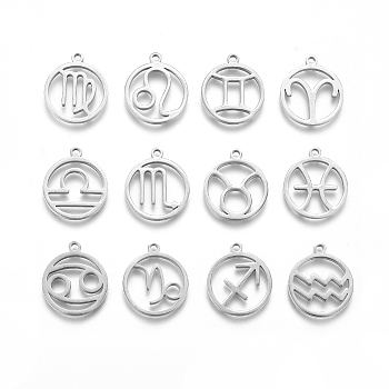 201 Stainless Steel Pendants, Manual Polishing, Ring with Twelve Constellations, Stainless Steel Color, Random Mixed Constellations, 18x16x1.5mm, Hole: 1.6mm