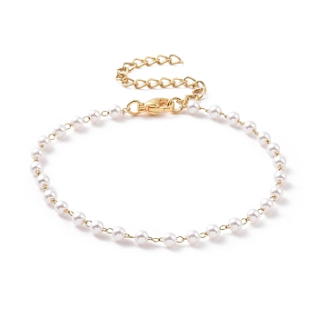 Round Plastic Imitation Pearl Beaded Bracelets, with Vacuum Plating 304 Stainless Steel Curb Chains, White, Golden, 6-1/2 inch(16.5cm)