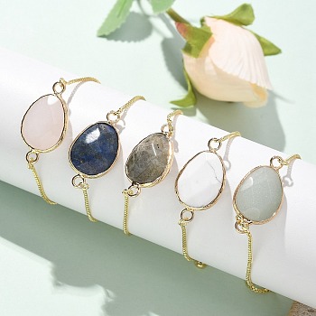 Brass Bolo Slider Bracelets, with Box Chains and Cubic Zirconia, Mixed Natural Labradorite & Lapis Lazuli & Green Aventurine & Rose Quartz & Howlite Links, Teardrop, Golden, 9 inch(23cm)