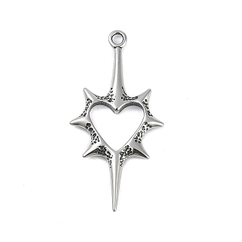 316 Surgical Stainless Steel Pendants, Thon Heart Charm, Antique Silver, 43x21x2.5mm, Hole: 2.2mm