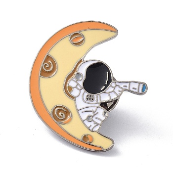 Spaceman with Moon Enamel Pin, Alloy Enamel Brooch for Clothes Bags, Gunmetal, Bisque, 33x29x11mm, Pin: 1mm
