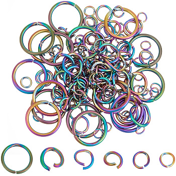 160Pcs 6 Sizes 304 Stainless Steel Open Jump Rings, Round Ring, Rainbow Color, 18~24 Gauge, 3.5~12x0.5~1mm, Inner Dimateter: 2.5~10mm