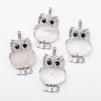 Natural Quartz Crystal Pendants, Rock Crystal Pendants, Owl, with Brass Findings, Platinum, Lead Free & Nickel Free, 45x25x8mm, Hole: 4x6mm