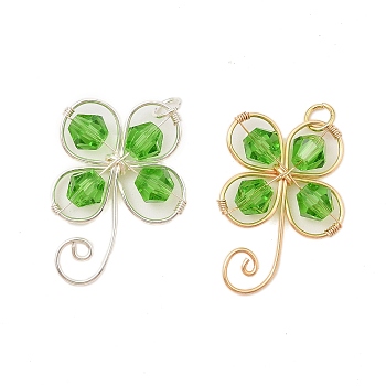 2Pcs Glass Pendants, with Copper Wire, Clover, Lime Green, 30x22x6mm, Hole: 3.5mm, 2pcs/set