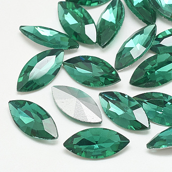 Pointed Back Glass Rhinestone Cabochons, Back Plated, Faceted, Horse Eye, Med.Emerald, 15x7x4mm