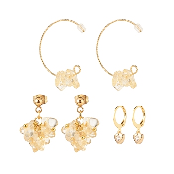 3 Pairs 3 Style Natural Citrine Chips Beaded Cluster Dangle Stud & Leverback Earrings, Brass Half Hoop Earrings for Women, Golden, 21~32mm, Pin: 0.7~0.9mm, 1 Pair/style