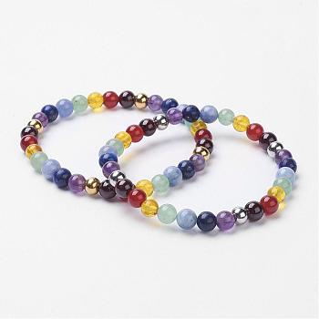 Chakra Jewelry, Gemstone Stretch Bracelets, with 304 Stainless Steel Smooth Round Beads, Mixed Color, 2 inch(52mm)