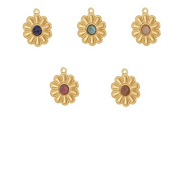 304 Stainless Steel & Natural Gemstone Pendants, Flower Charm, Long-Lasting Plated, Ion Plating(IP), Real 18K Gold Plated, 25x22mm, Hole: 1.5mm
