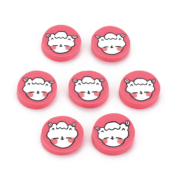 Handmade Polymer Clay Cabochons, Flat Round with Sheep, Light Coral, 9~9.5x1.5~2mm, about 5200pcs/1000g