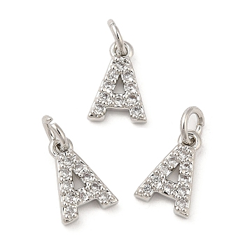 Brass Micro Pave Grade AAA Cubic Zirconia Charms, Letter A, Cadmium Free & Nickel Free & Lead Free, Real Platinum Plated, 8.5x6x1.5mm, Hole: 2mm