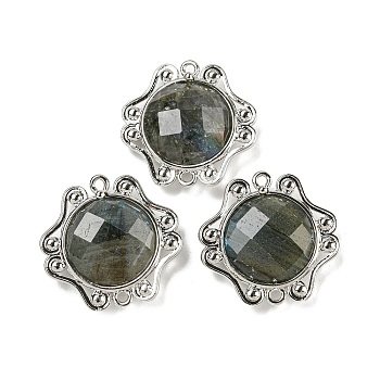 Natural Labradorite Faceted Connector Charms, Rack Plating Platinum Plated Brass Oval Links, 23x23.5x6~6.5mm, Hole: 1.5mm
