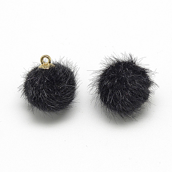 (Clearance Sale)Faux Mink Fur Covered Charms, with Golden Tone Brass Findings, Round, Black, 21x18~19mm, Hole: 2mm
