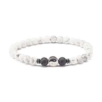 Natural Howlite & Lava Rock Round Beaded Bracelets Set with Yin Yang, Chinese Feng Shui Lucky Jewelry for Men Women, Inner Diameter: 2-1/8 inch(5.5cm)