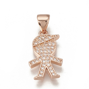 Brass Micro Pave Cubic Zirconia Pendants, with Snap On Bails, Little Boy, Rose Gold, 17x10x2mm, Hole: 3.5x5mm