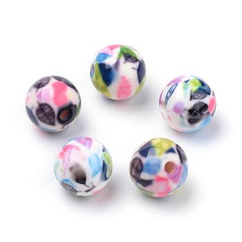 Opaque Printed Acrylic Beads, Round with Leaf Pattern, Colorful, 11.5~12x11mm, Hole: 2.5mm