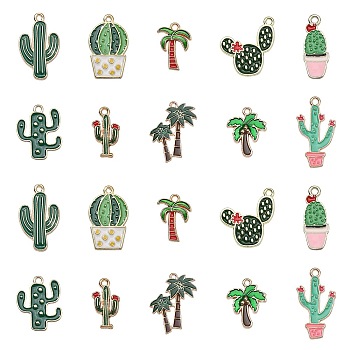 50Pcs 10 Styles Alloy Enamel Pendants, Coconut Tree & Cactus, Green, 19~28x9~19x1~2.5mm, Hole: 1.6mm, 5pcs/style