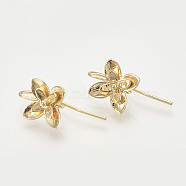 Brass Stud Earring Findings, with Loop, Flower, Nickel Free, Real 18K Gold Plated, 14.5x10.5mm, Hole: 1mm, Pin: 1mm(KK-T027-116G)