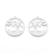 Halloween 201 Stainless Steel Pendants, Laser Cut, Flat Round, Ghost Tree with Bat, Stainless Steel Color, 34x32x1mm, Hole: 1.5mm(STAS-N090-LA982-1)