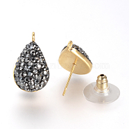 Polymer Clay Rhinestone Stud Earring Findings, with Loop and Stainless Steel Findings, Golden, Teardrop, Jet, 18.5x11mm, Hole: 2mm, Pin: 0.5mm(X-EJEW-S197-01)