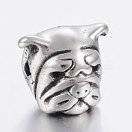304 Stainless Steel Puppy Beads, Bulldog Head, Antique Silver, 11x12.5x10mm, Hole: 2mm(STAS-F150-066AS)