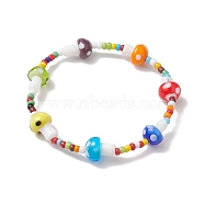 3mm Round Glass Seed Beads & Mushroom Handmade Lampwork Stretch Bracelets for Women, Colorful, Inner Diameter: 2-1/4 inch(5.7cm)(BJEW-TA00523)