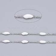 Handmade Enamel Beaded Chains, with Stainless Steel Curb Chains and Spool, Soldered, Stainless Steel Color, White, 1.5x1x0.1mm, about 32.8 Feet(10m)/roll(CHS-I007-06P-15)