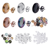 DIY Earrings Kits, Including Silicone Ear Nuts, Feather Pattern Half Round & Transparent Glass Cabochons, 304 Stainless Steel Stud Earring Settings, Mixed Color, 120pcs/box(sgDIY-SZ0002-26)