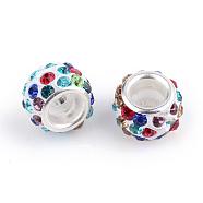 Polymer Clay Rhinestone European Beads, Large Hole Beads, Rondelle, with Silver Color Plated Brass Cores, Colorful, 10~12x7~8mm, Hole: 5mm(CPDL-T001-27)