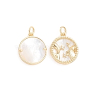 Brass Micro Pave Cubic Zirconia Pendants, with Natural Shell and Jump Ring, Flat Round with Twelve Constellations, Golden, Pisces, 17.5x15x2.5mm, Hole: 3.5mm(ZIRC-E164-36J-G)