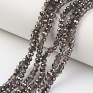 Electroplate Transparent Glass Beads Strands, Half Black Plated, Faceted, Rondelle, Coconut Brown, 6x5mm, Hole: 1mm, about 85~88pcs/strand, 16.1~16.5 inch(41~42cm)(EGLA-A034-T6mm-P14)