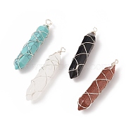 Natural & Synthetic Mixed Stone Double Terminal Pointed Pendants, with Silver Tone Copper Wire Wrapped, Bullet Charm, 61x13x12.5mm, Hole: 4mm(PALLOY-JF01808)