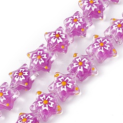 Handmade Lampwork Beads Strands, with Enamel, Star with Sakura Pattern, Orchid, 13x13.5x12mm, Hole: 1mm, about 33pcs/strand, 14.72 inch(37.4cm)(LAMP-F029-03D)