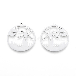 Halloween 201 Stainless Steel Pendants, Laser Cut, Flat Round, Ghost Tree with Bat, Stainless Steel Color, 34x32x1mm, Hole: 1.5mm(STAS-N090-LA982-1)