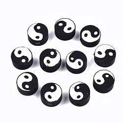 Handmade Polymer Clay Beads, Flat Round with Yin Yang, Black, 9~10x9~10x4~7mm, Hole: 2mm(CLAY-T016-65A)