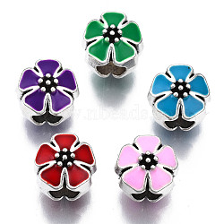 Alloy Enamel European Beads, Large Hole Beads, Cadmium Free & Lead Free, Antique Silver, Flower, Mixed Color, 10x10x10mm, Hole: 4.5mm(MPDL-T005-006-RS)
