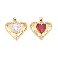 Brass Micro Pave Cubic Zirconia Pendants, Real 18K Gold Plated, Lead Free & Cadmium Free, Heart, Mixed Color, 20x23x7mm, Hole: 4x3mm(KK-A161-32G)