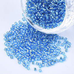 Glass Cylinder Beads, Seed Beads, Silver Lined, Round Hole, Dodger Blue, 1.5~2x1~2mm, Hole: 0.8mm, about 8000pcs/bag, about 85~95g/bag(SEED-Q036-01A-A05)