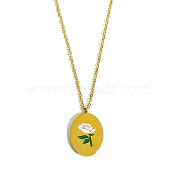 Birth Month Flower Style Titanium Steel Oval Pendant Necklace, Golden, June Rose, 15.75 inch(40cm)(PW-WG38206-06)