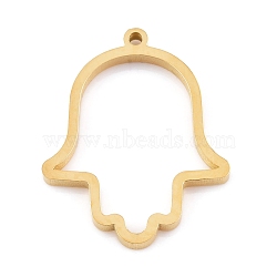 Ion Plating(IP) 304 Stainless Steel Open Back Bezel Pendants, Double Sided Polishing, Hamsa Hand/Hand of Fatima/Hand of Miriam, Real 24K Gold Plated, 33x26.5x3mm, Hole: 2mm(STAS-K208-05G)