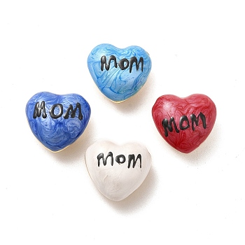 Brass Enamel Beads, Real 18K Gold Plated, Long-Lasting Plated, Heart with Word Mom, Mixed Color, 17.5x18x10mm, Hole: 2mm