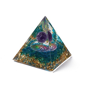 Orgonite Pyramid Resin Display Decorations, with Gold Foil and Natural Amethyst Inside, for Home Office Desk, 50x50x51.5mm