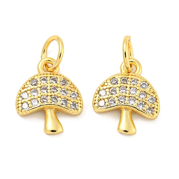 Rack Plating Brass Micro Pave Clear Cubic Zirconia Pendants, Long-Lasting Plated, with Jump Rings, Lead Free & Cadmium Free, Mushroom, Real 18K Gold Plated, 11x9x2mm, Hole: 4mm