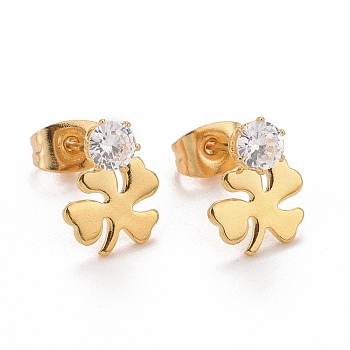 Clover 304 Stainless SteelStud Earrings, with 316 Stainless Steel Pin & Glass Imitation Cubic Zirconia, Golden, 11x8.5mm, Pin: 0.7mm